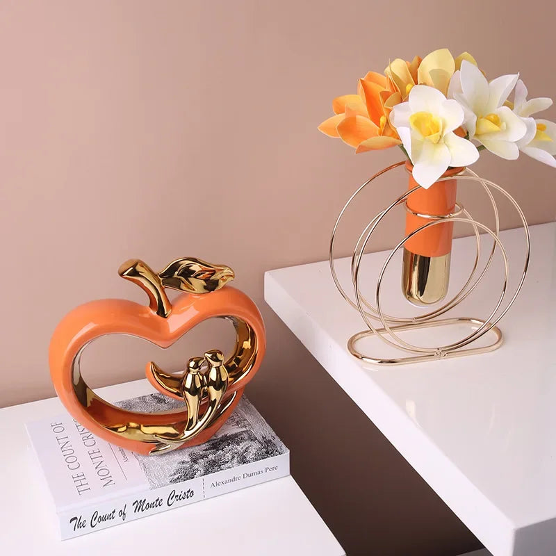 sculptures décoratives pommes oiseaux vert foncé orange lisses émaillées moderne artistiques élégantes