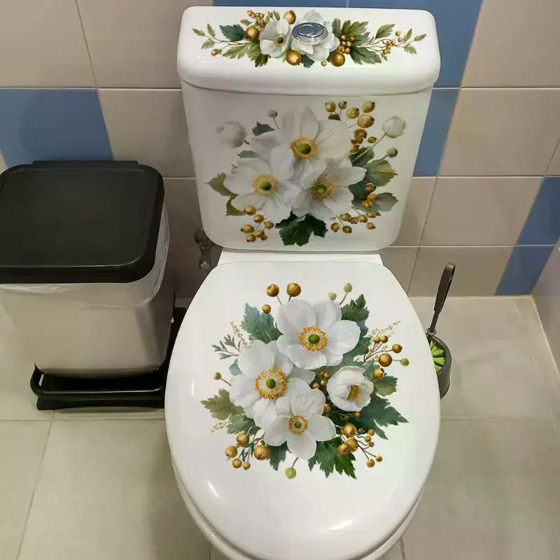 autocollant floral moderne toilette blanc facile poser nettoyer adhésif fleuri