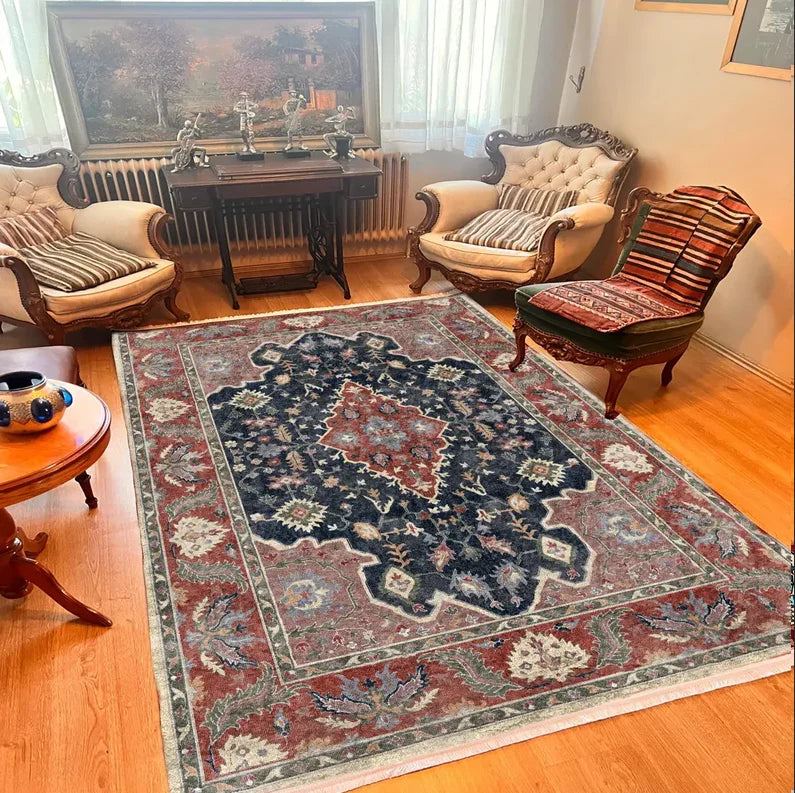 tapis oriental fleuri rouge noir beige salon chambre extérieur moderne polypropylène polyester