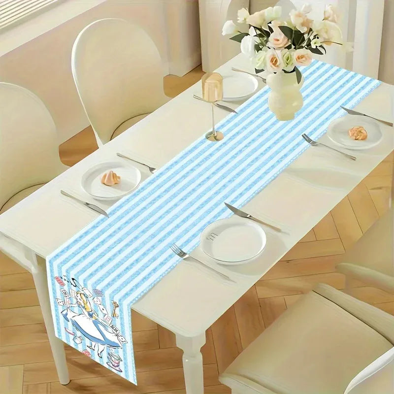 nappe polyester alice pays merveilles rayures bleues motif lapin cartes jouer décoration intérieur festive