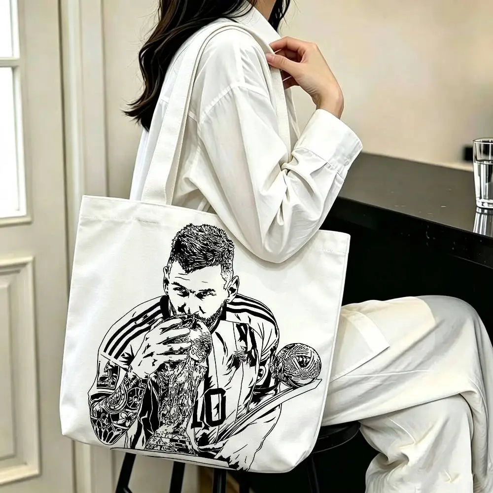 sac main blanc bleu clair rayures messi 10 polyestère réutilisable moderne graphique poignées détachables