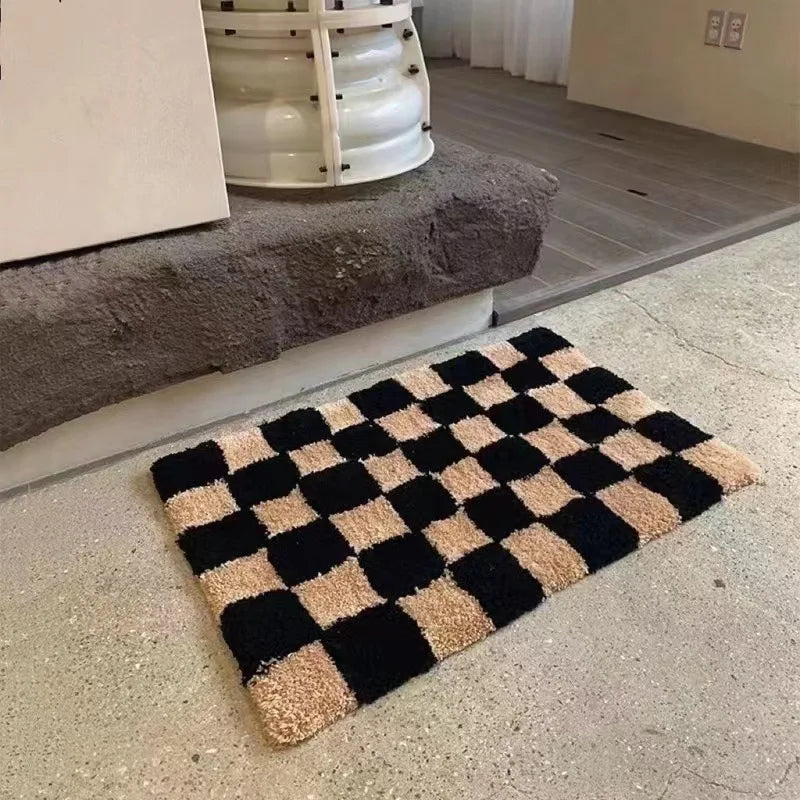 tapis noir beige carreaux géométriques polyester flocage antidérapant classique salle bain cuisine maison pique