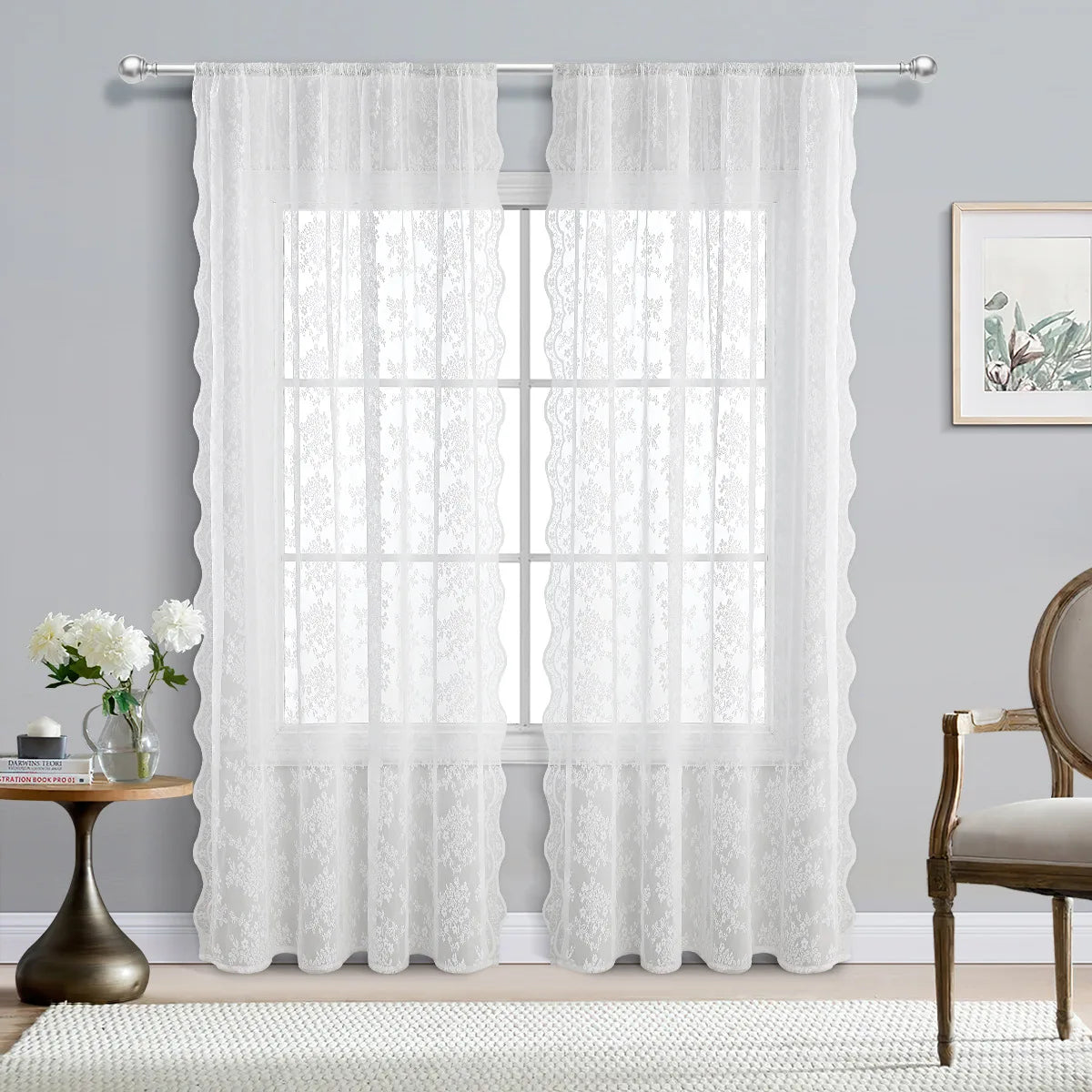 rideau broderie florale blanc transparent classique deux panneaux polyester coton moderne chambre salon