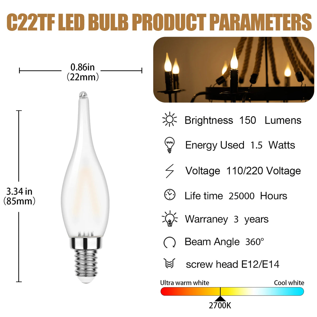 ampoule led transparente blanche 2700k e12 e14 25000h 360deg lumiere moderne salon