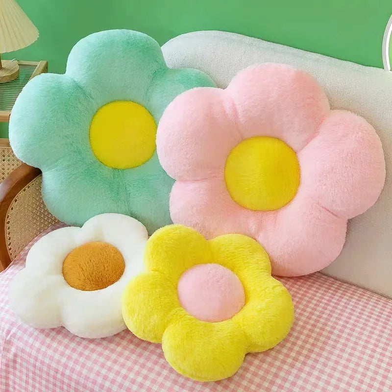 coussin rond fleuri pelucheux doux moderne vert rose blanc jaune gris