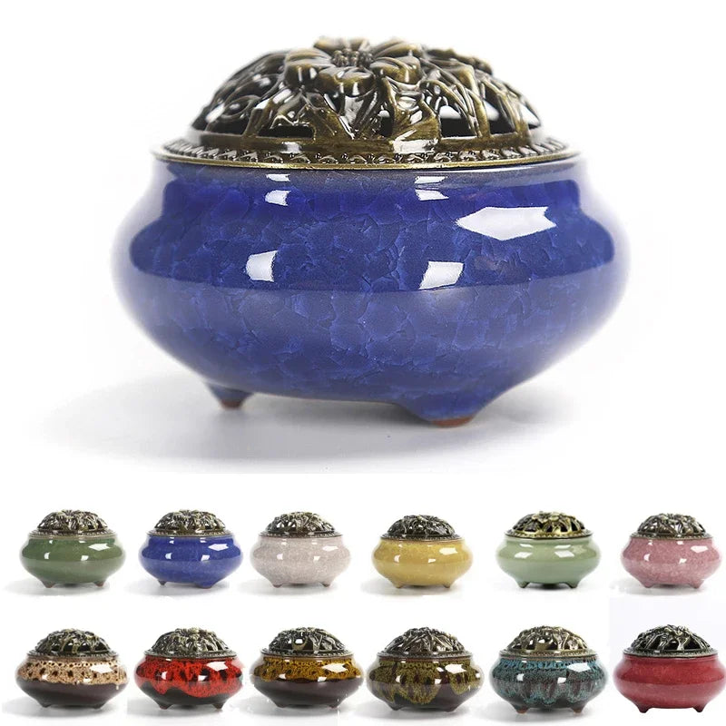 brûleur encens céramique effet craquelé bleu rouge noir vintage artisanal aromatique
