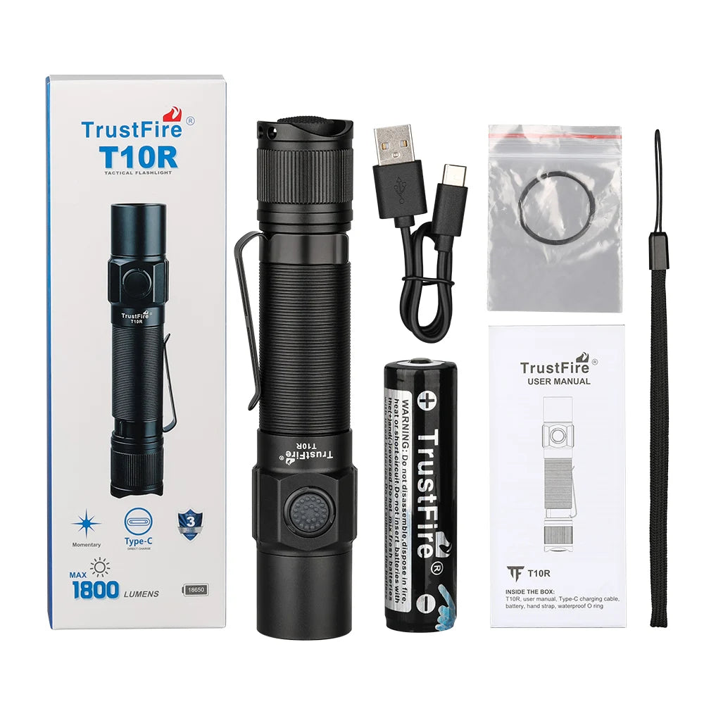 lampe tactique rechargeable 1800 led 18650 lumen 200 500mètres aluminium noir clip utilitaire