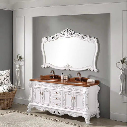 meuble salle bain double vasque blanc bois foncé ornements baroques texture bois classique deux