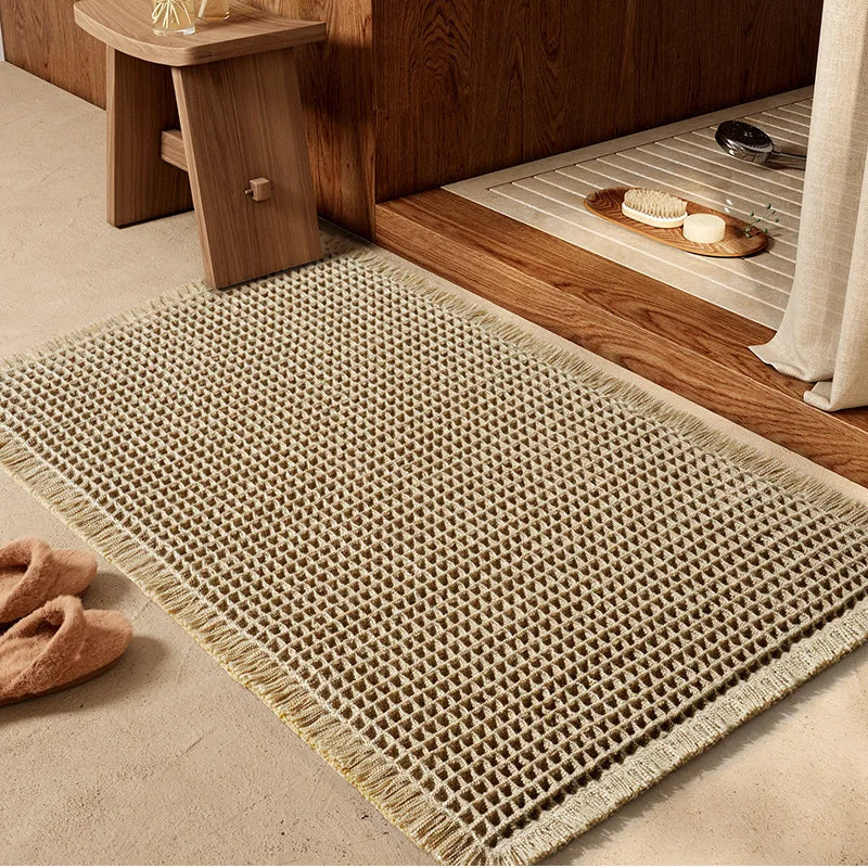 tapis bain absorbant anti dérapant coton moderne beige clair maille fine franges bord salle