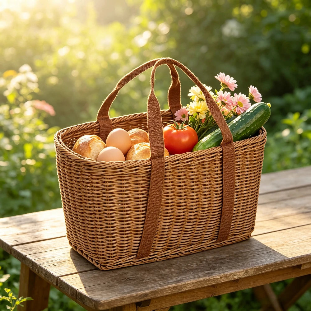 panier tressé marron clair poignées cuir réutilisable contenant fruits légumes intérieur extérieur vintage traditionnel