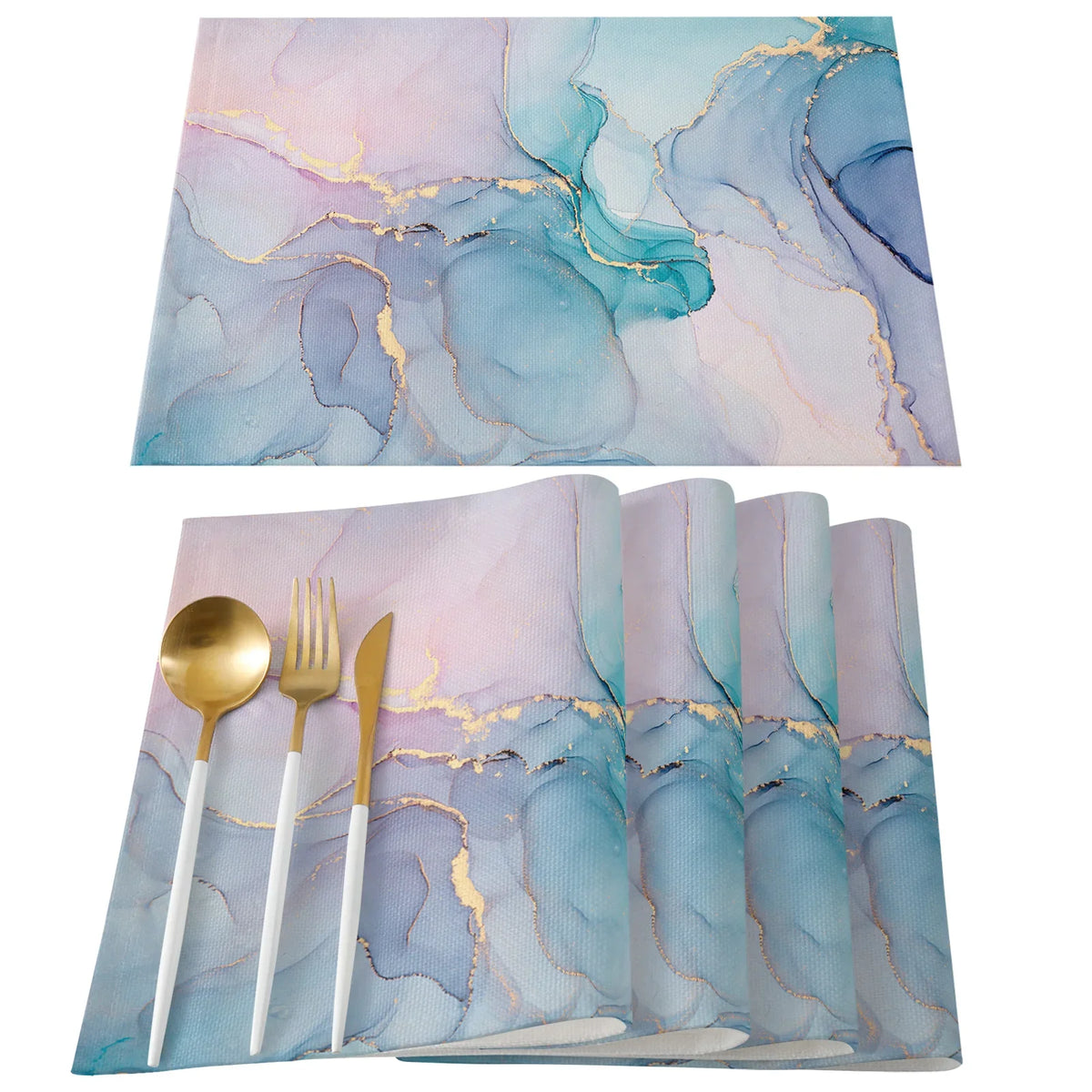 serviettes table moderne élégantes marbre blanc or bleu rose veines dorées lin respectueuses environnement