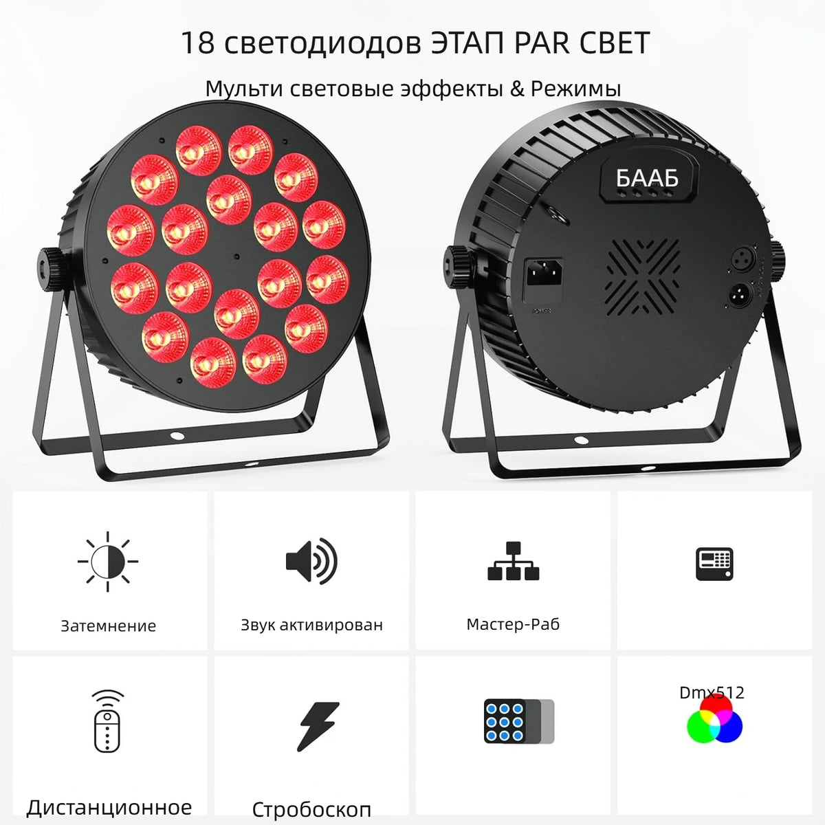projecteur led noir 18 leds multicolore dmx bluetooth stroboscope événement spécial