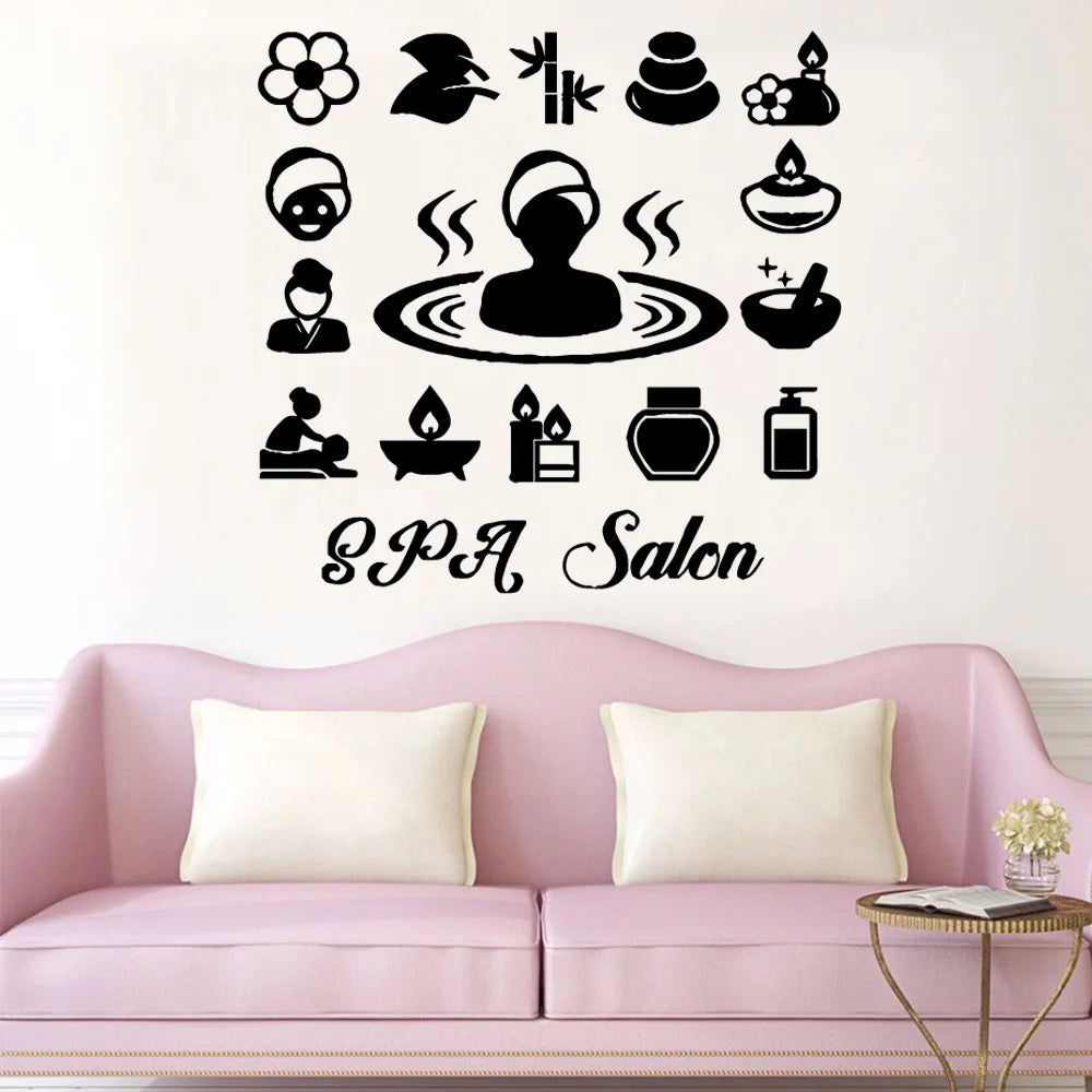 sticker mural moderne coiffure fleur textes salon cheveux symboles spa adhésif chambre salon