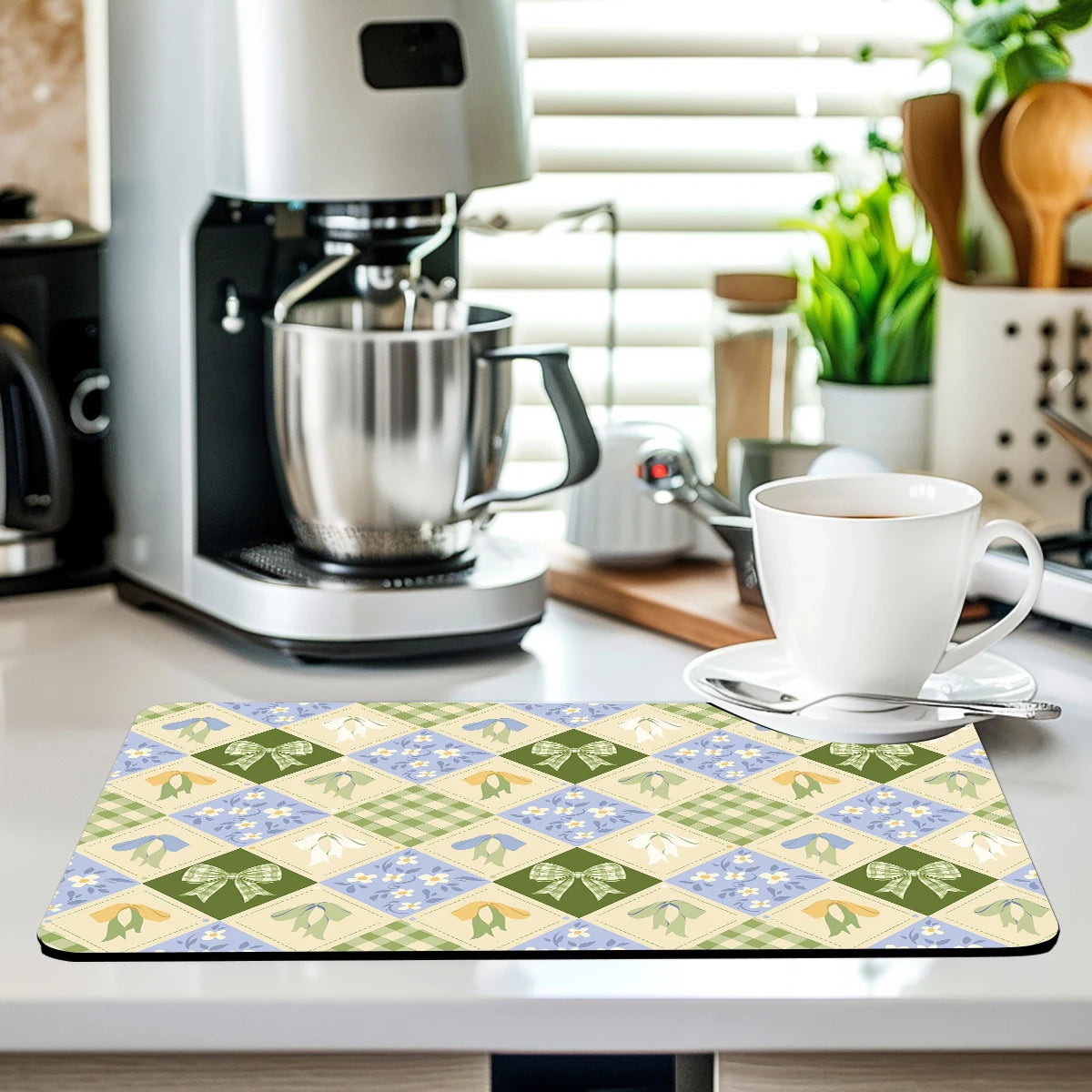 tapis cuisine absorbant polyestère patchwork motifs fleurs carreaux géométriques rose clair vert bleu