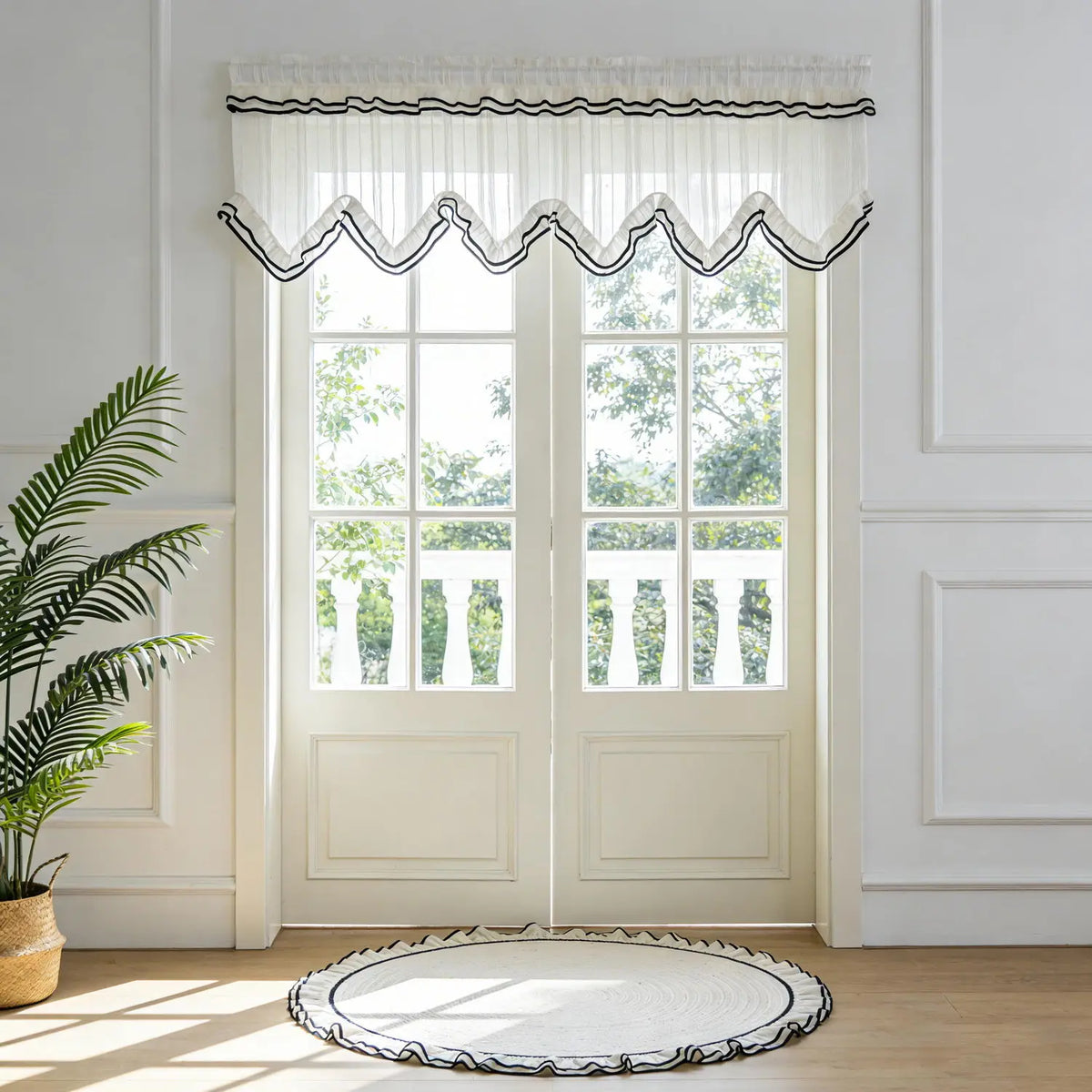 rideau blanc noir rayures franges transparent classique salon