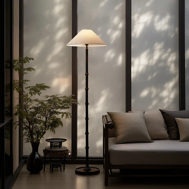 lampe sol moderne bambou noir rayures verticales abatjour tissu 11w led 90260v