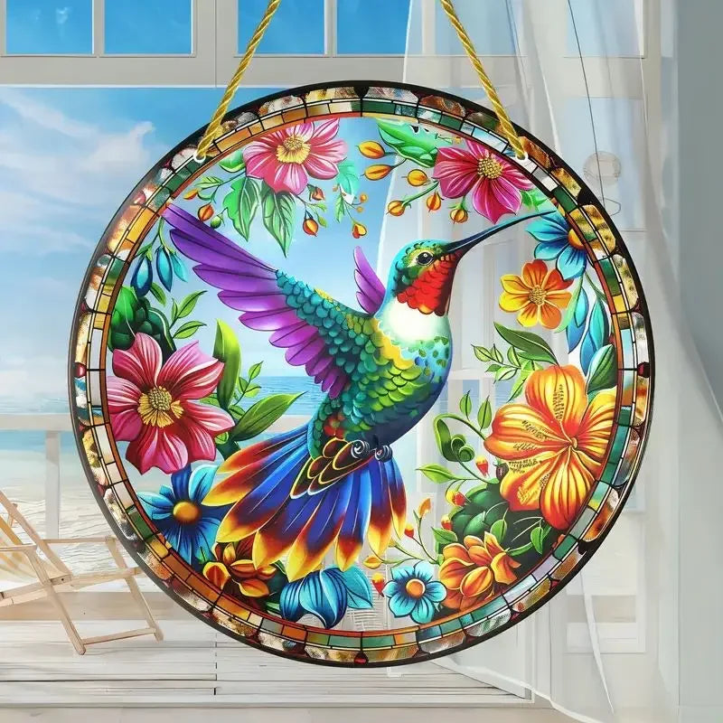 décoration extérieure oiseau verre soufflé art deco multicolore cordelette fleurs transparent