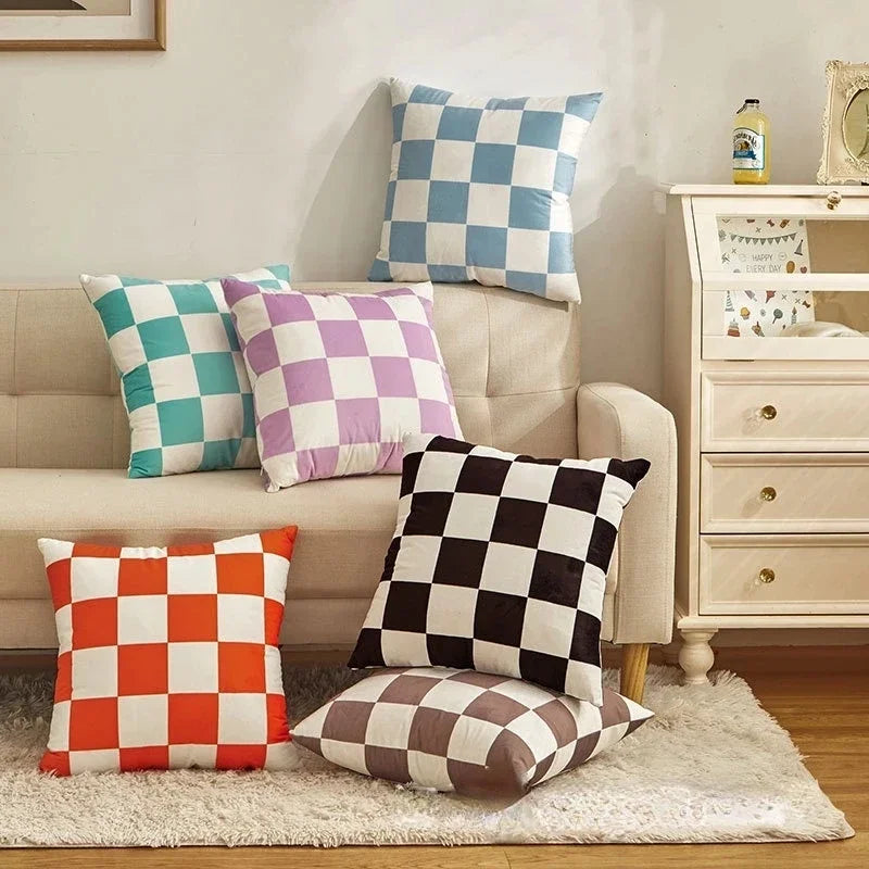 housse coussin carrée peluche carreaux géométriques moderne salon chambre canapé décoration intérieure