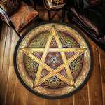 tapis rond pentagramme astrologique motifs floraux moderne noir rouge chambre salon