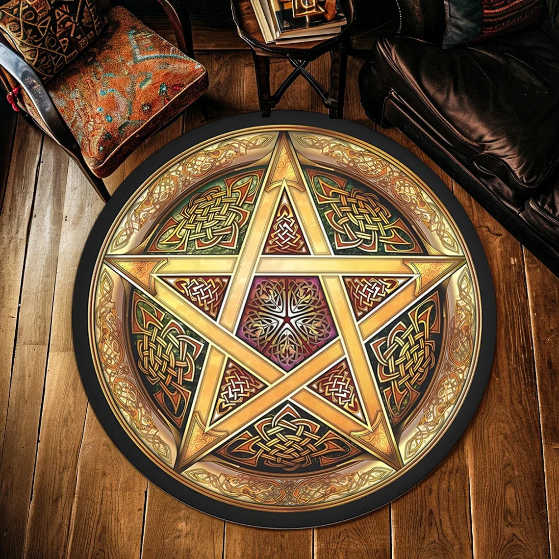 tapis rond pentagramme astrologique motifs floraux moderne noir rouge chambre salon