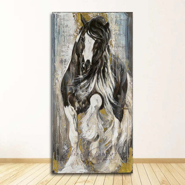 tableau moderne chevaux galopants abstrait canvas noir blanc marron gris doré salon chambre decoration