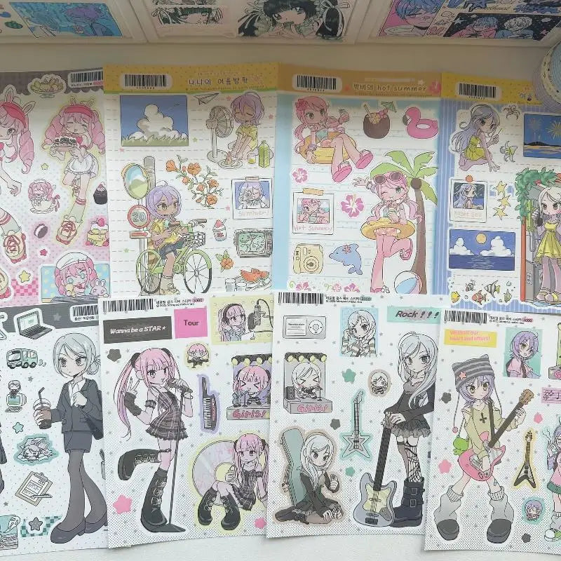 sticker kawaii personnages animés fille piscine guitare autocollants décoratifs carnet journal intime scrapbook