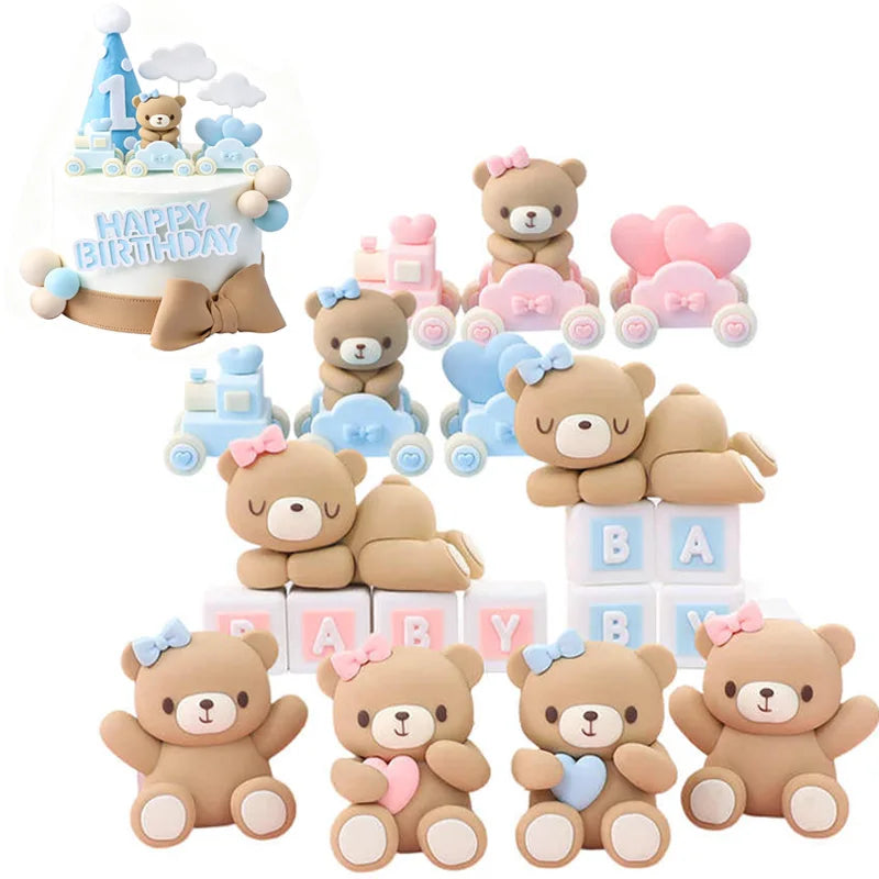 décoration gâteau anniversaire ours bleu rose voiture dessin animé nuages coeurs enfant festive résine