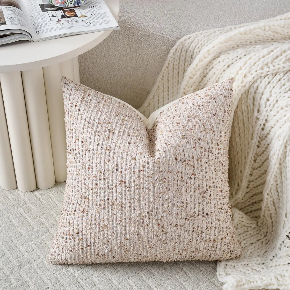 lot housses coussin carrées beige texture boucle rustique décoratif