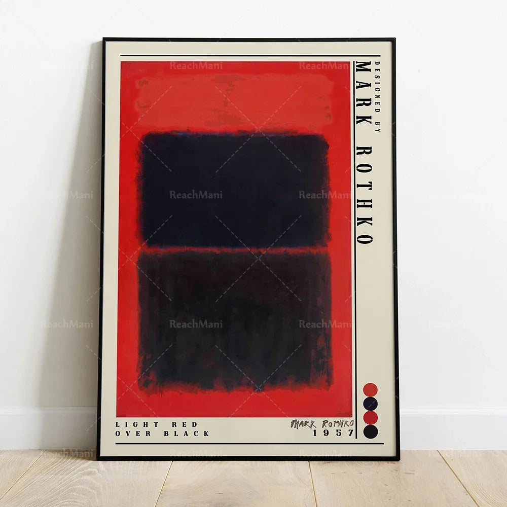 L'affiche présente une œuvre abstraite de l'artiste Mark Rothko, composée de rectangles rouges et noirs sur un fond clair, créant un contraste saisissant.