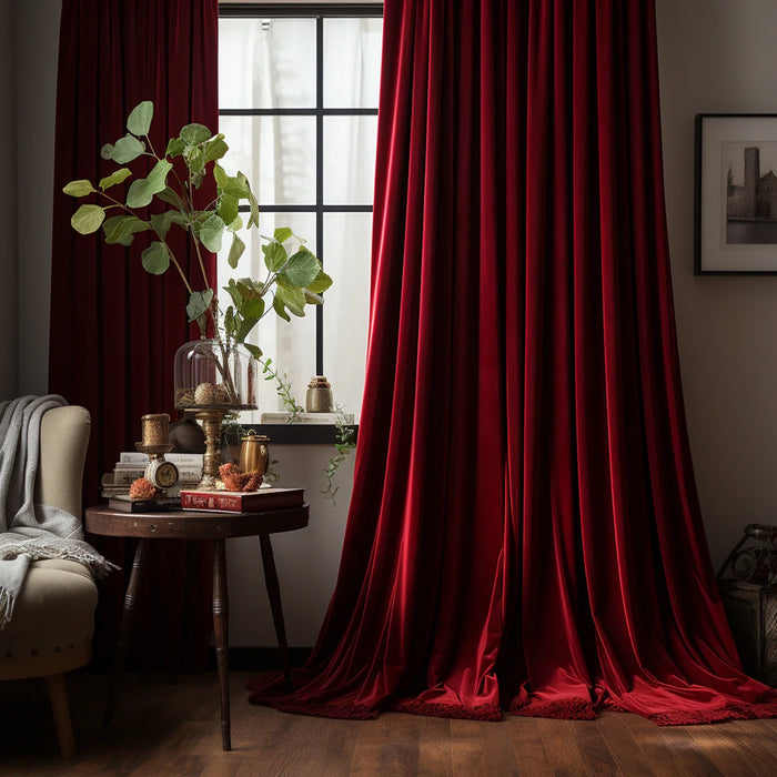 Rideaux rouges élégants pour un salon moderne, ajoutant une touche de luxe et de sophistication. Parfaits pour créer une atmosphère chaleureuse et accueillante, ces rideaux longs et fluides soulignent le raffinement de la décoration intérieure. Idéal pour les espaces de vie contemporains, ce choix décoratif rehausse le charme de votre pièce tout en garantissant une intimité optimale.