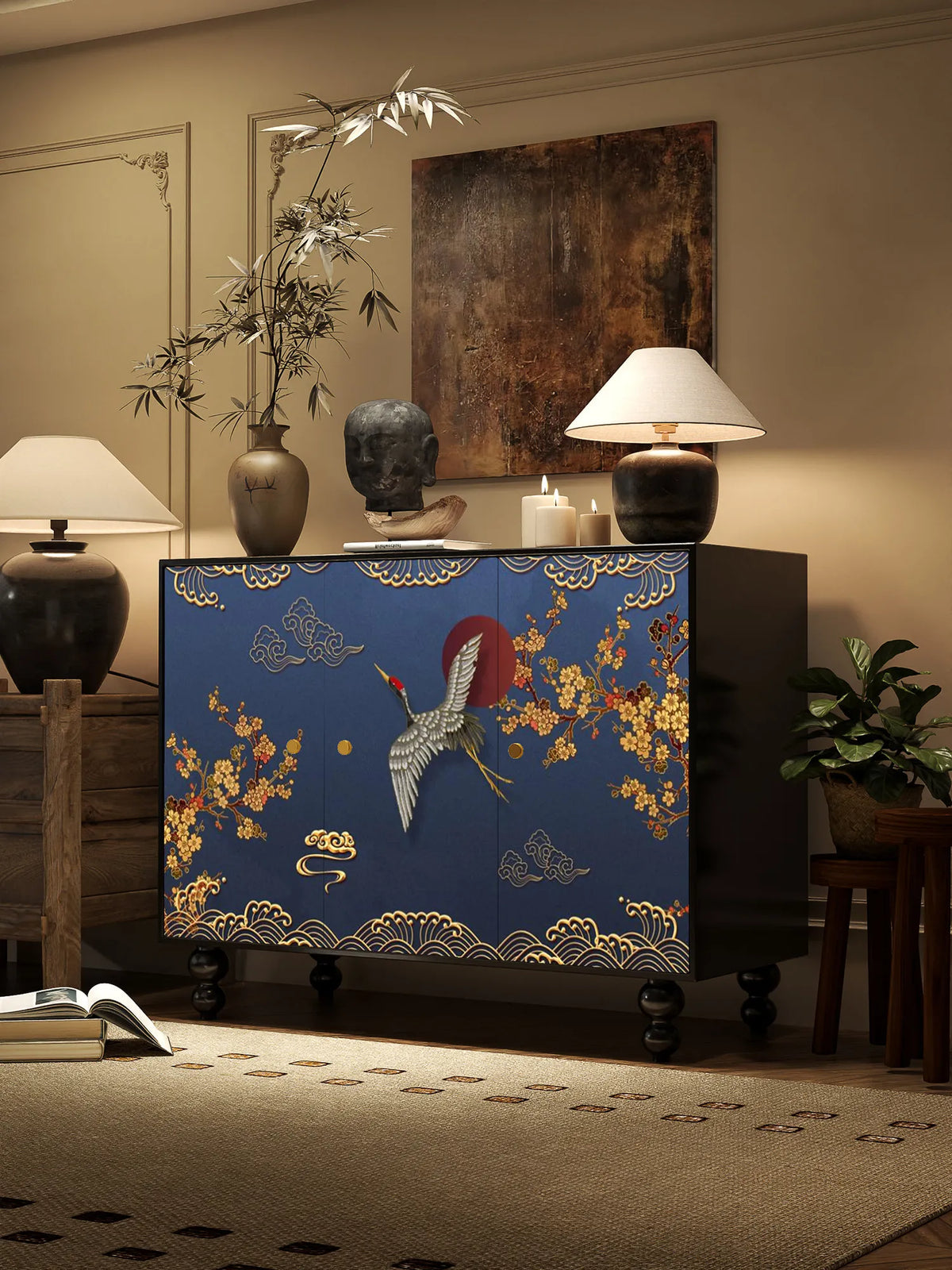 meuble salon quatre portes artisanal bois rouge jaune noir bleu