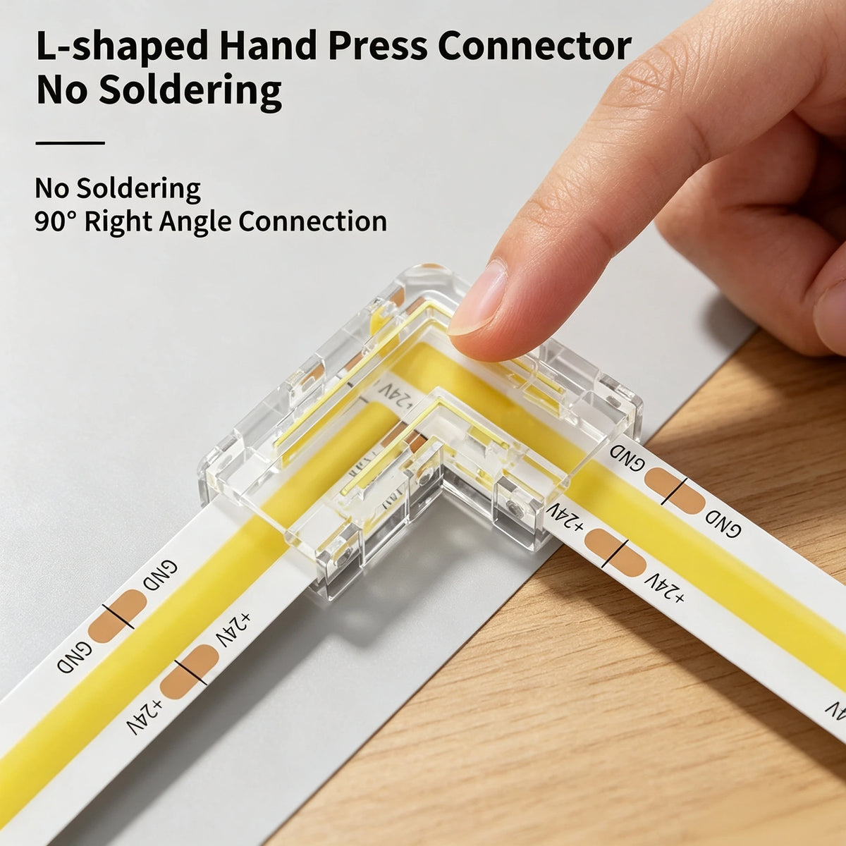 connecteur angle droit 90 degrés ruban led cob clips fixation pression transparent blanc