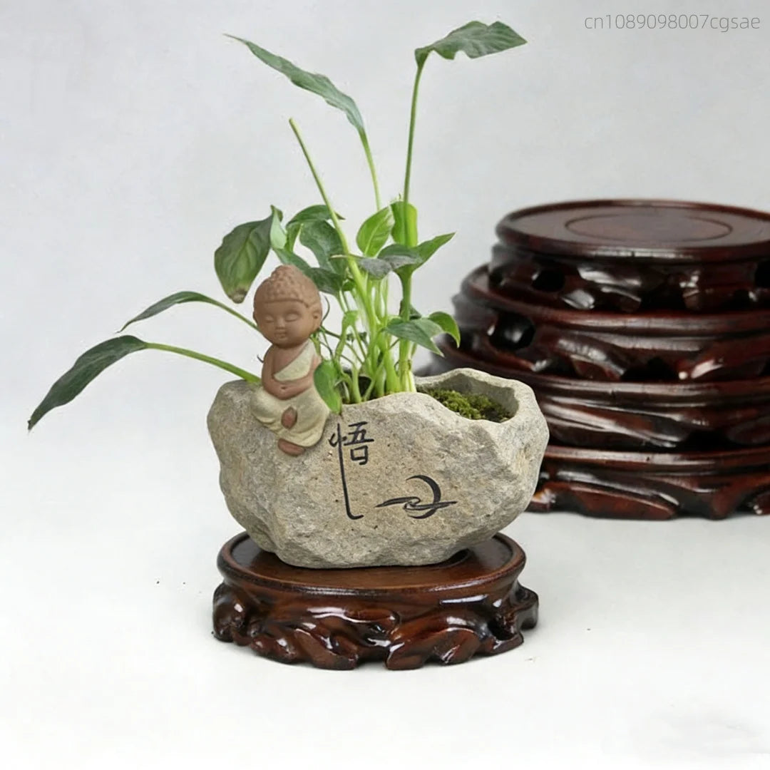 support décoratif bois sculpté motif floral artisanal marron foncé figurines bonsaïs vases plateaux