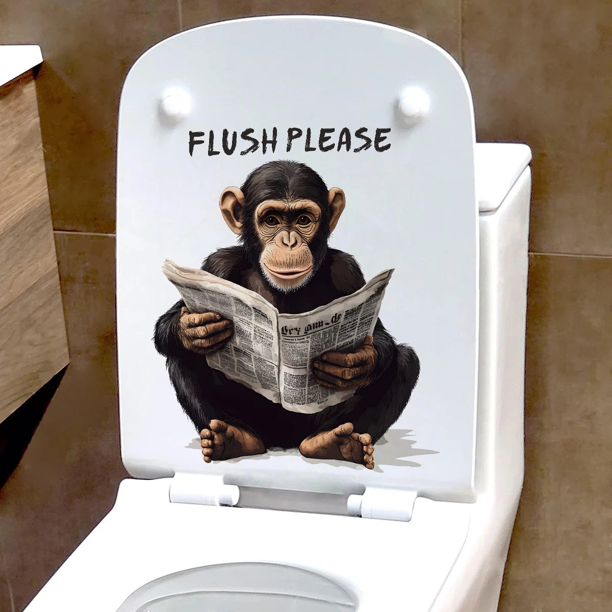 cache couche toilette singe lecture journal adhésif salle bain blanc texte flush please pvc