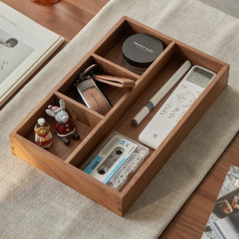 boîte rangement bois marron clair six compartiments minimaliste poignées organisation salon