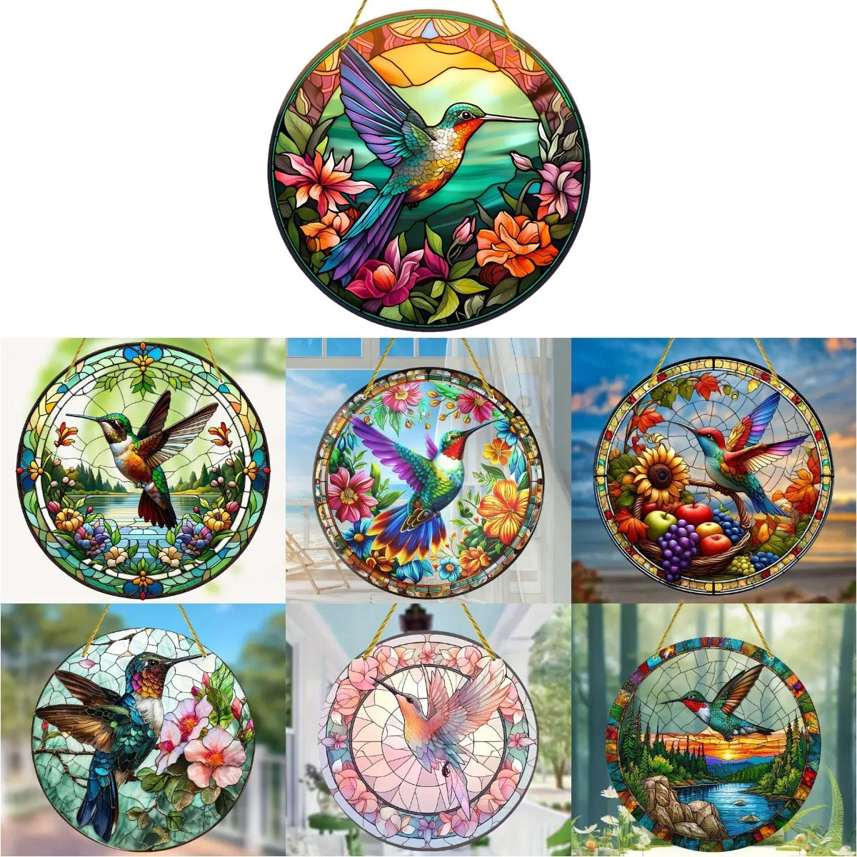 décoration extérieure oiseau verre soufflé art deco multicolore cordelette fleurs transparent
