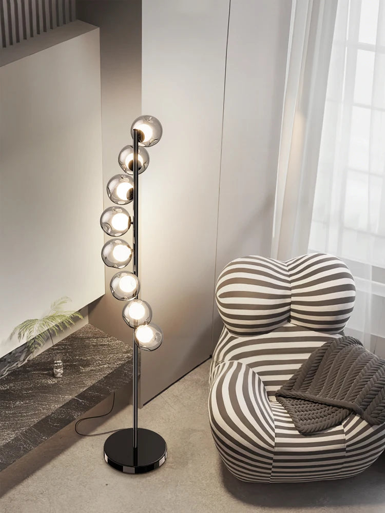 lampe sol moderne argentée noir sphères translucides câble électrique led haute qualité vérification ul