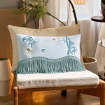 housses coussins brodés oiseaux bambou bleu jaune vert olive rose carré franges velours sofa