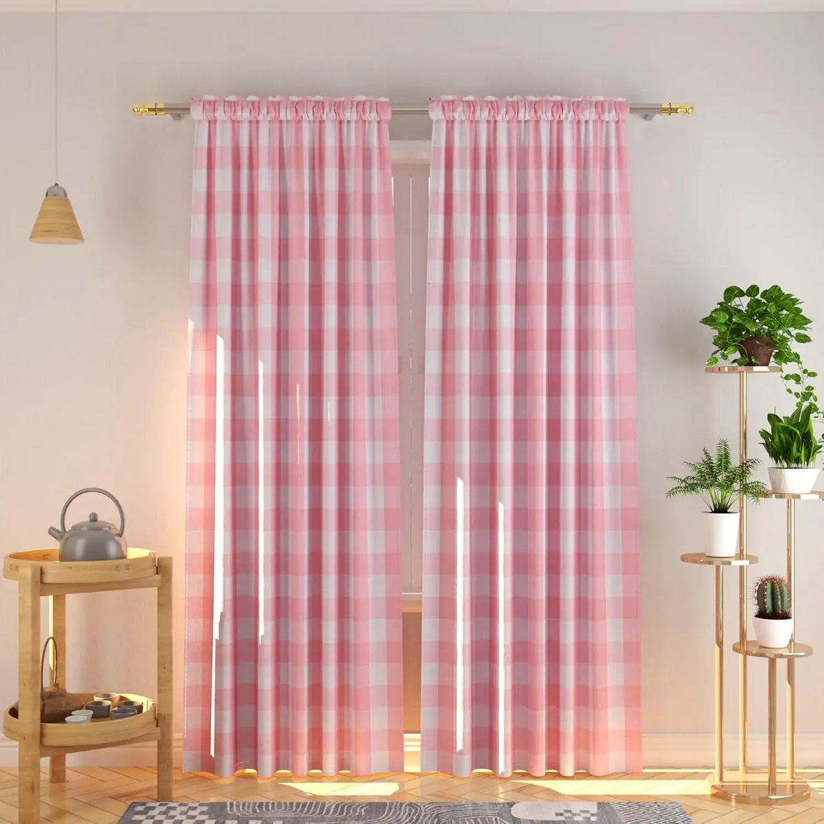 rideaux vichy rose blanc farmhouse semi transparent fenetre chambre moderne polyester