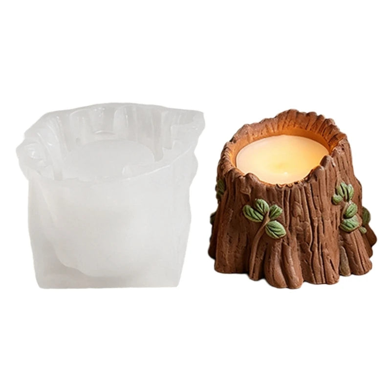 moule silicone bougie forme tronc arbre bougie marron feuilles verte écorce texture rustique nature
