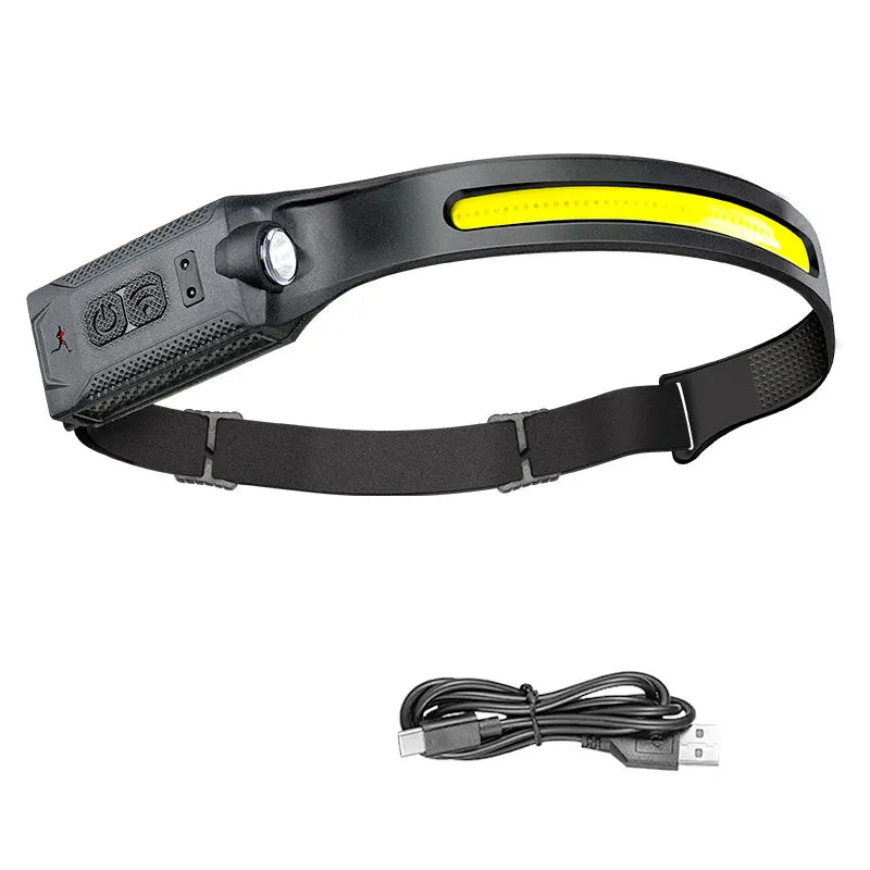 lampe frontale led rechargeable noire jaune modes luminosité réglable camping randonnée