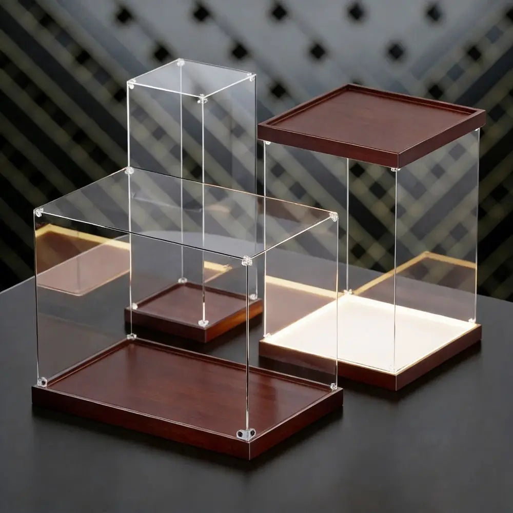 présentation support transparent moderne plateau bois structure acrylique anti poussière empilable respectueux environnement minimaliste