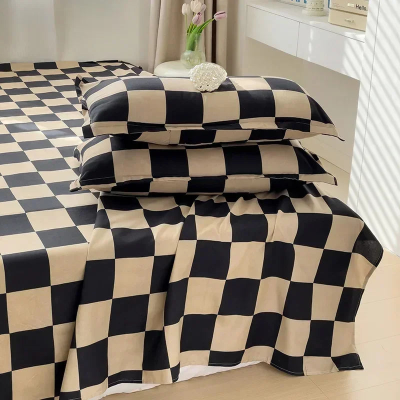 ensemble literie carreaux noir beige tissu mat moderne minimaliste drap housse taies oreillers couette