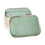 présentoir bijoux boîte velours vert clair moderne pochettes adhésives compartments dorés 30x20cm