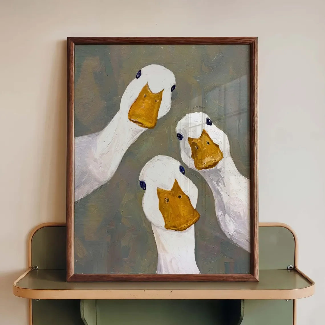 tableau peint trois canards blancs jaune verte art contemporain décoration salle bain chambre farmhouse