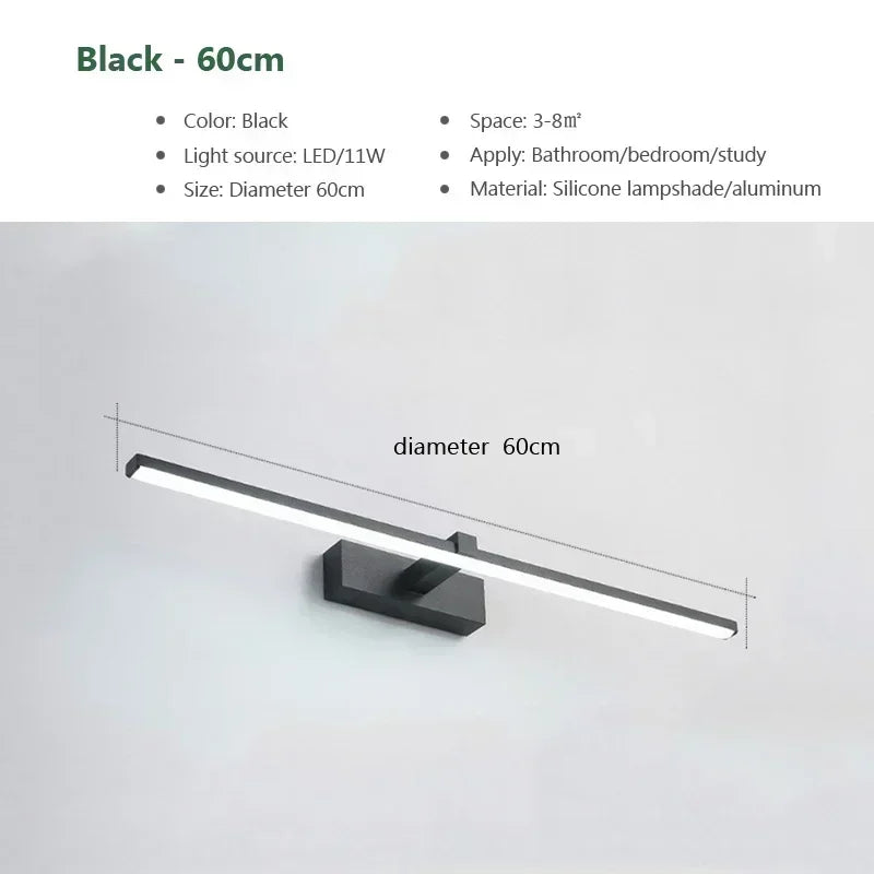 lampe miroir moderne noir blanc doré fixée mur led tricolore 40cm 60cm