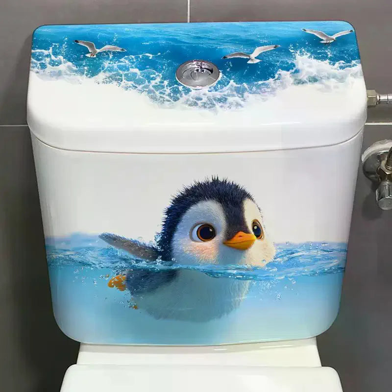 cache wc adhésif illustration animée pingouin oiseaux vague bleu blanc gris orange