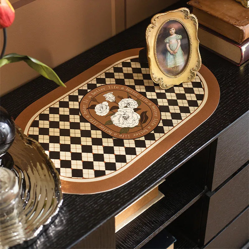 tapis table classique vintage noir blanc marron motif floral roses texte better life résistant