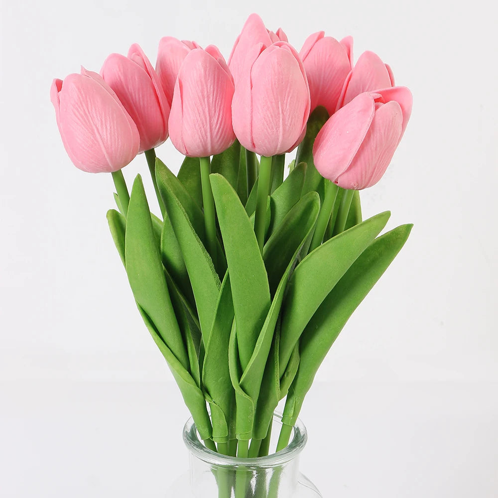 bouquet fleurs tulipes artificielles rose blanc vert décoration maison mariage vase ruban blanc moderne