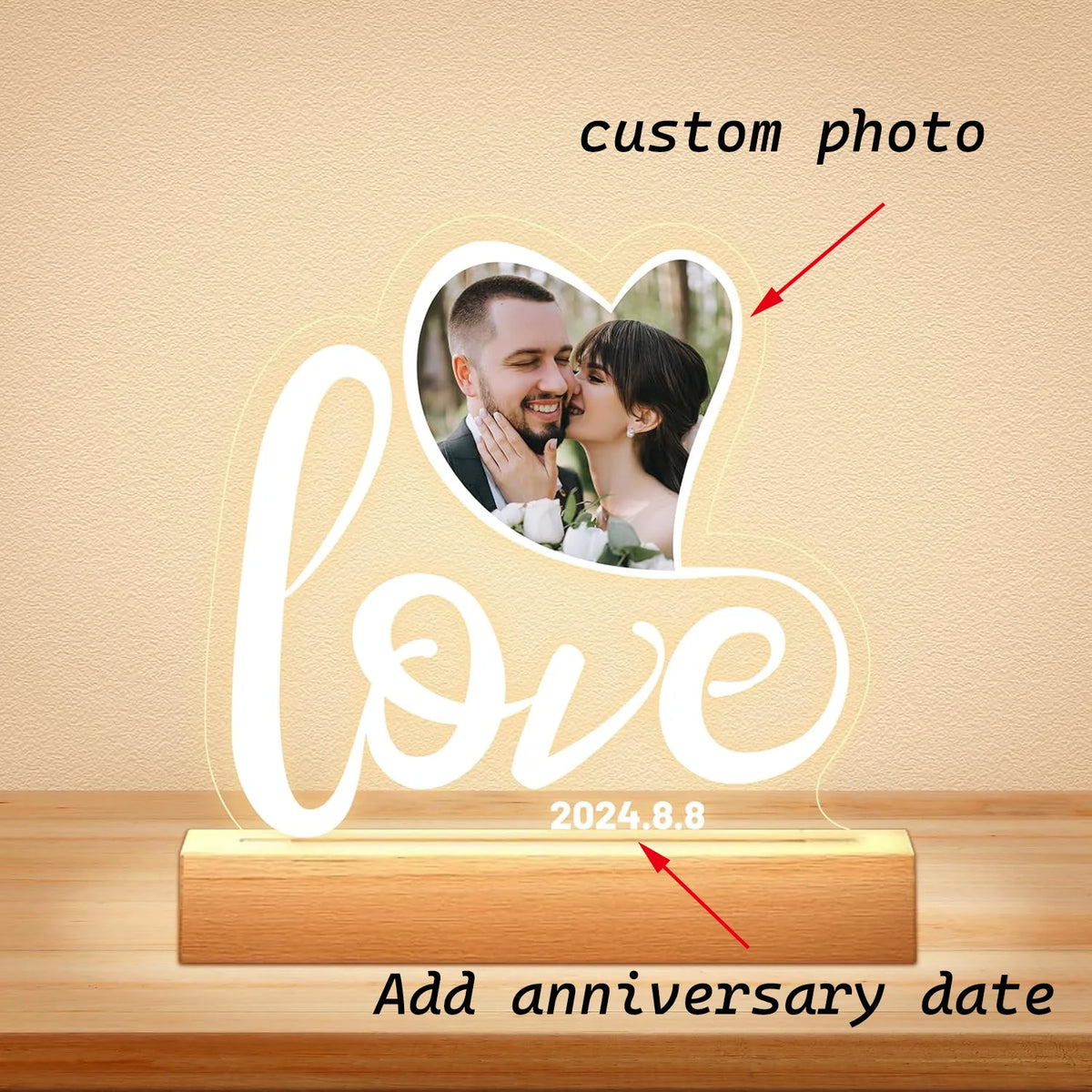lampe photo personnalisable moderne coeur infini gravure bois blanc couple cadeau anniversaire romantique